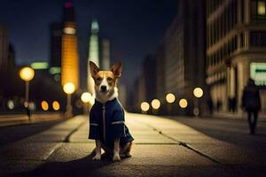 un perro en un azul chaqueta sentado en el calle a noche. generado por ai foto