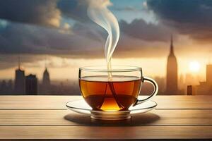 a cup of tea on a wooden table with a cityscape in the background. AI-Generated photo