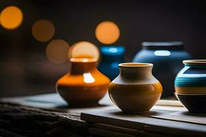 a group of colorful vases sitting on a table. AI-Generated photo