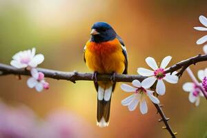 a colorful bird sits on a branch with flowers. AI-Generated photo