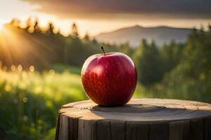 an apple sits on top of a stump in front of a sunset. AI-Generated photo