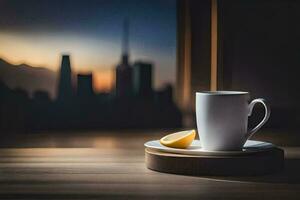 a cup of coffee and a slice of lemon on a table in front of a cityscape. AI-Generated photo