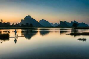 a man stands on a paddle board in front of mountains. AI-Generated photo