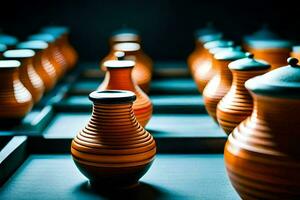 a row of vases with different colors. AI-Generated photo