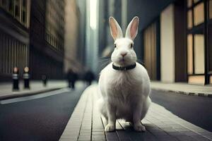 a white rabbit is standing on the street in a city. AI-Generated photo