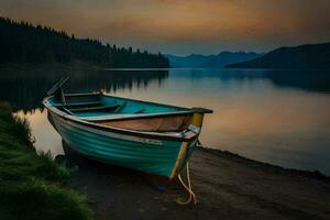 a boat sits on the shore of a lake at sunset. AI-Generated photo