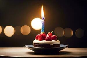 a birthday cake with a single candle on top. AI-Generated photo