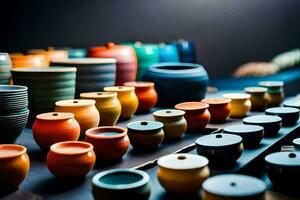 a row of colorful ceramic bowls and cups. AI-Generated photo