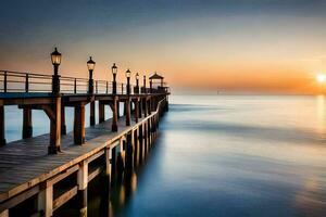 a pier with a long exposure of the sun setting over the ocean. AI-Generated photo