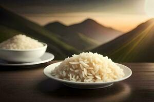 rice in a bowl on a table with mountains in the background. AI-Generated photo