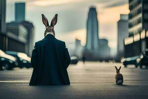 a rabbit in a suit and tie sitting on the street. AI-Generated photo