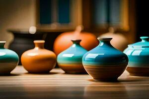 a group of colorful vases sitting on a table. AI-Generated photo