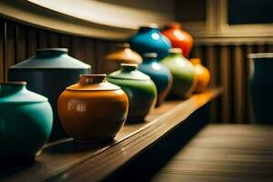a row of colorful vases on a shelf. AI-Generated photo