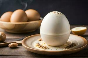 an egg sitting on a plate with a bowl of eggs. AI-Generated photo