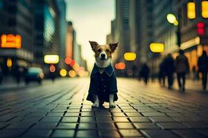 a dog in a suit standing on a street. AI-Generated photo