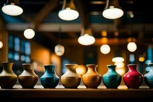 a row of colorful vases on a table. AI-Generated photo