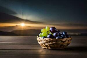 grapes in a basket on a wooden table. AI-Generated photo