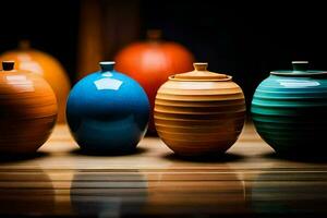 a row of colorful vases on a table. AI-Generated photo