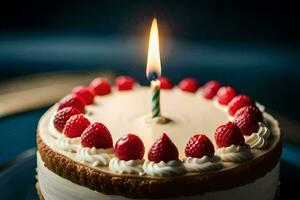 a birthday cake with a single candle. AI-Generated photo