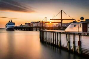 a cruise ship docked at a pier at sunset. AI-Generated photo