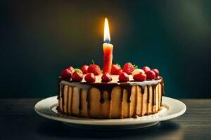 a birthday cake with a single candle on top. AI-Generated photo