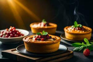 three mini pies with berries and mint on a black background. AI-Generated photo