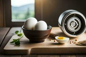 two eggs in a bowl with spices and a rolling pin. AI-Generated photo