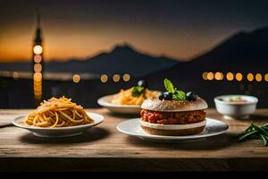 a plate of spaghetti and a burger on a table. AI-Generated photo