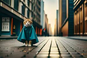 a cat wearing a cape walks down a city street. AI-Generated photo