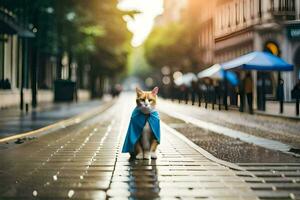 un gato vistiendo un azul capa camina abajo un calle. generado por ai foto