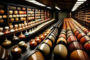 a large room filled with many different colored vases. AI-Generated photo