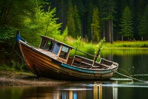 a boat sits on the shore of a lake. AI-Generated photo