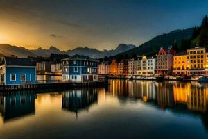 el hermosa pueblo de lofoten a oscuridad. generado por ai foto