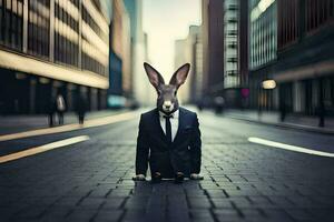 a rabbit wearing a suit and tie on the street. AI-Generated photo