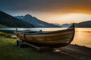 a boat sits on the shore of a lake at sunset. AI-Generated photo