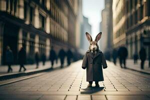 un Conejo en un traje soportes en el medio de un ciudad calle. generado por ai foto