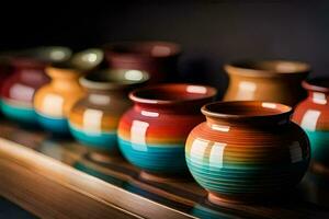 a row of colorful vases on a shelf. AI-Generated photo