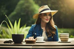 a woman in a hat sitting at a table with coffee and a cup. AI-Generated photo