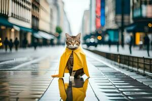 a cat wearing a yellow cape on a rainy street. AI-Generated photo