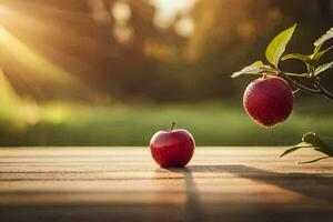 two apples on a wooden table with the sun shining behind them. AI-Generated photo