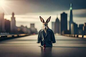 un Conejo en un traje y Corbata en pie en un puente. generado por ai foto