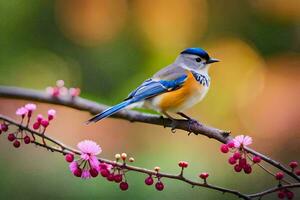un azul y blanco pájaro se sienta en un rama con rosado flores generado por ai foto