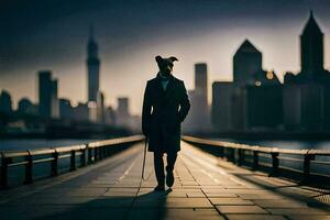 a man in a suit and tie walking on a bridge over a city. AI-Generated photo