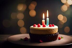 a cupcake with two candles on top. AI-Generated photo