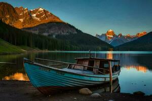 un barco se sienta en el apuntalar de un lago con montañas en el antecedentes. generado por ai foto