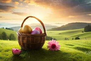 easter eggs in a basket on a hillside. AI-Generated photo