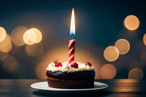 a chocolate birthday cake with a lit candle. AI-Generated photo