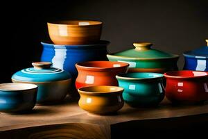 a collection of colorful ceramic bowls and cups. AI-Generated photo