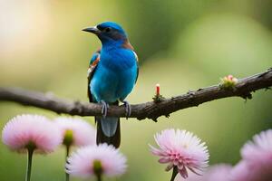 a blue bird sits on a branch with pink flowers. AI-Generated photo