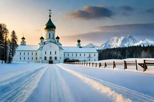 a church in the snow with mountains in the background. AI-Generated photo